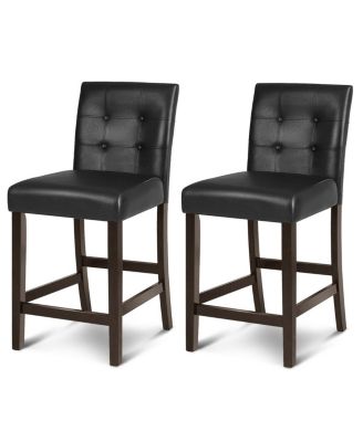 Set of 2 PVC Leather Bar Stools with Solid Wood Legs