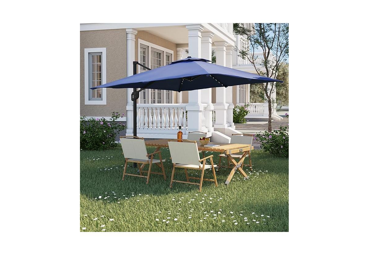homfan Heavy Duty Cantilever Patio Umbrella with Solar Led Lights, Weighted Base and 360degrees Rotation