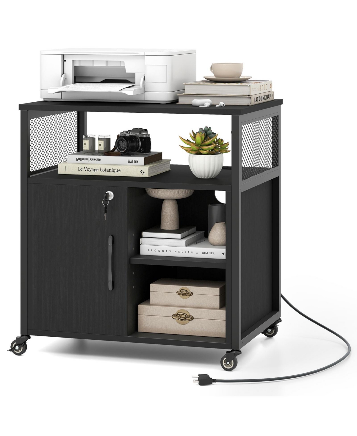 Costway File Cabinet on Wheels with Charging Station and Cable Management Hole Shelves