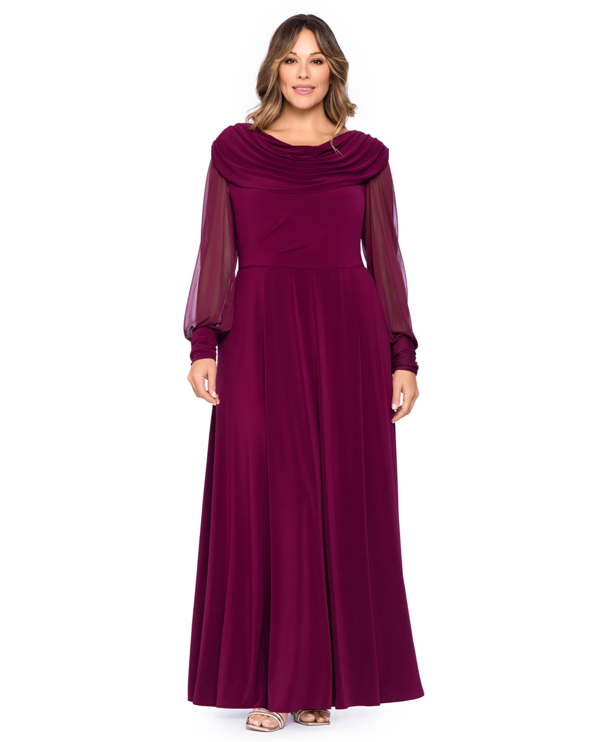 Betsy & Adam Plus Size Cowl-Neck Long-Sleeve A-Line Dress - Wine