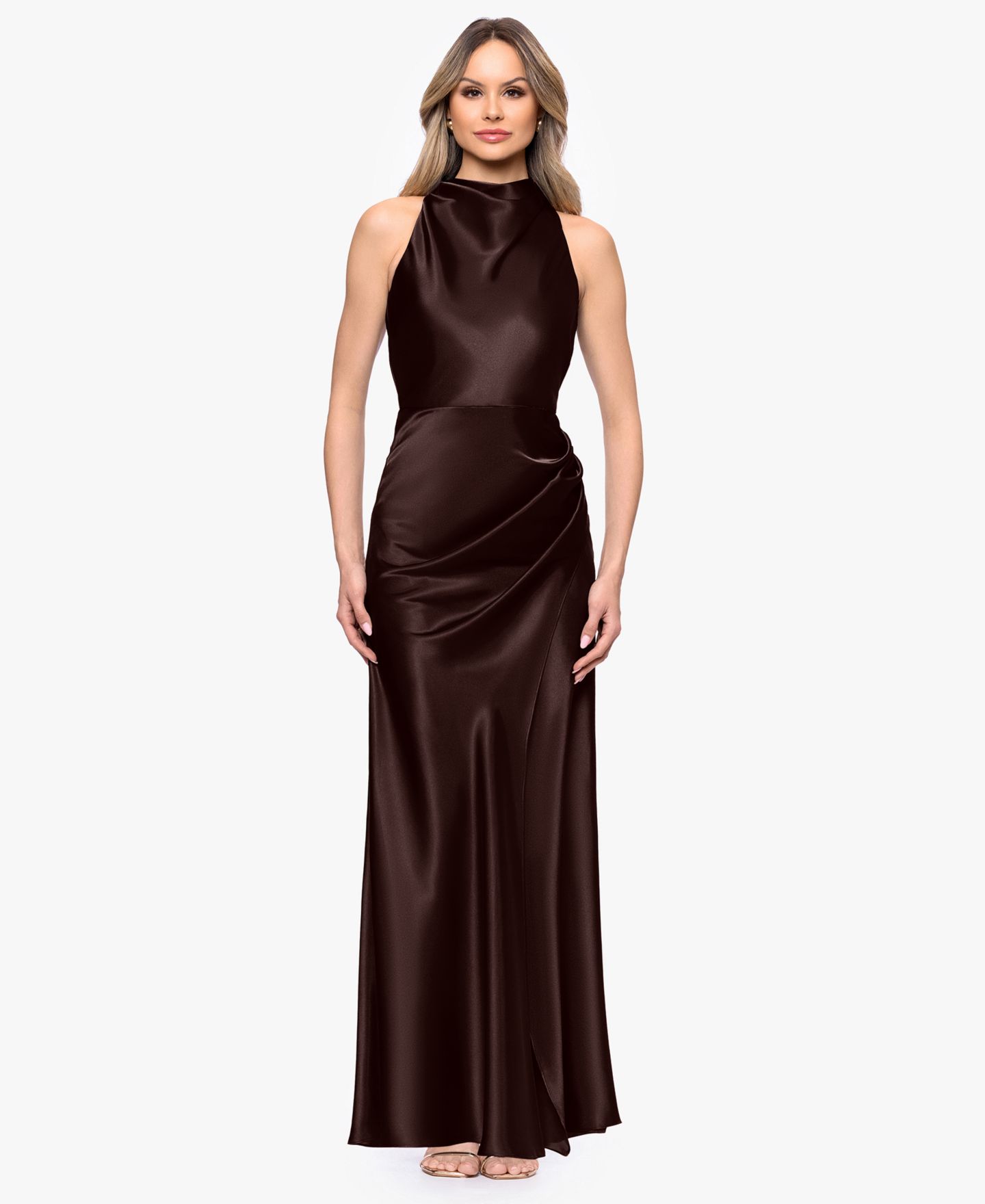 Женское платье Betsy & Adam Petite Cowl Neck Ruched Satin Gown, цвет: Коричневый — фото 3