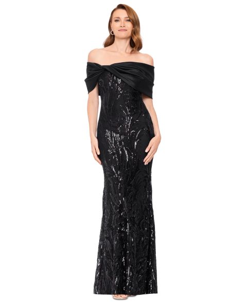 Женские платья Betsy & Adam Sequin Off-the-Shoulder Gown, цвет: Чёрный