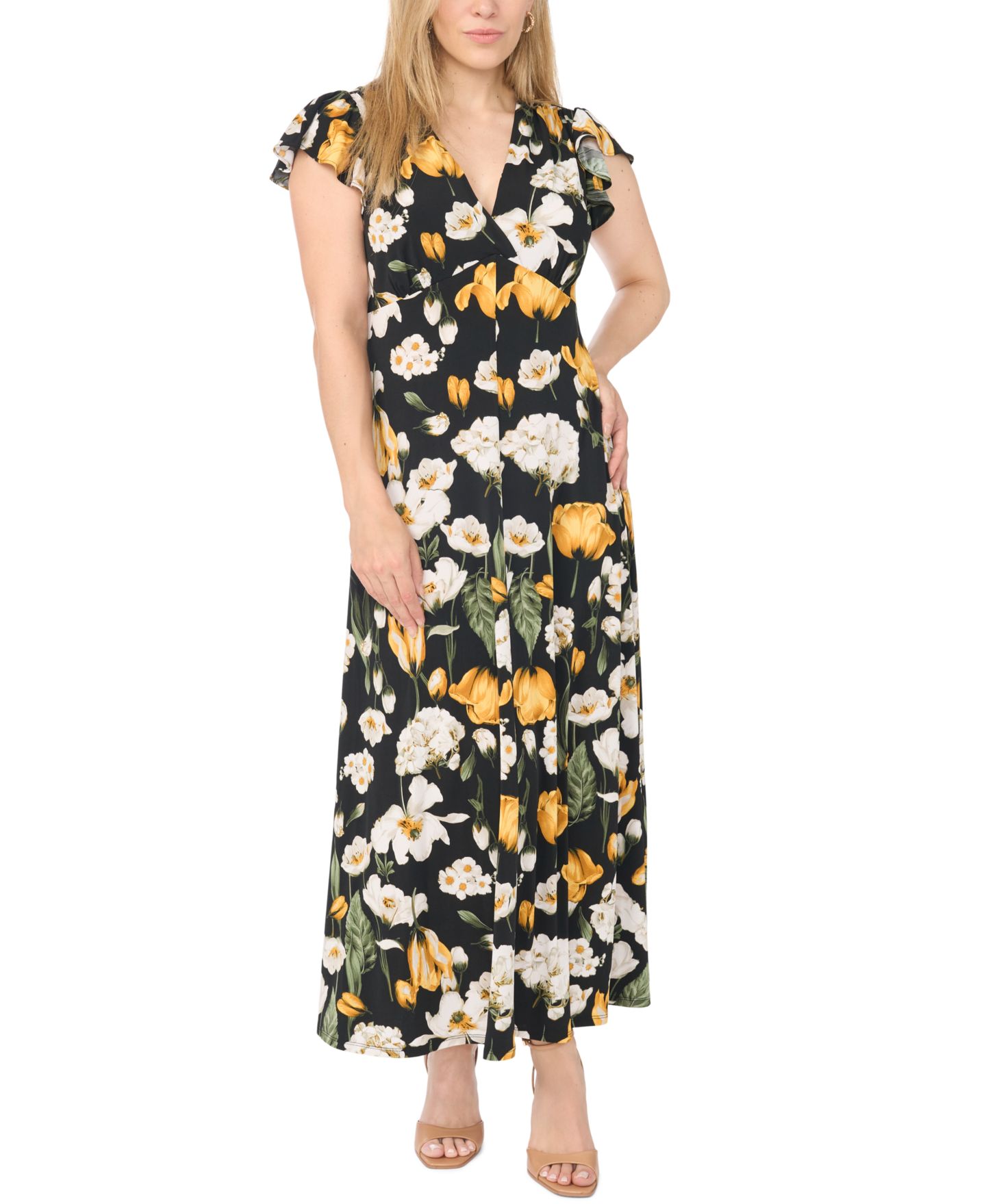 Женское платье MSK Surplice Flutter-Sleeve V-Neck Maxi, цвет: Насыщенный чёрный — фото 1