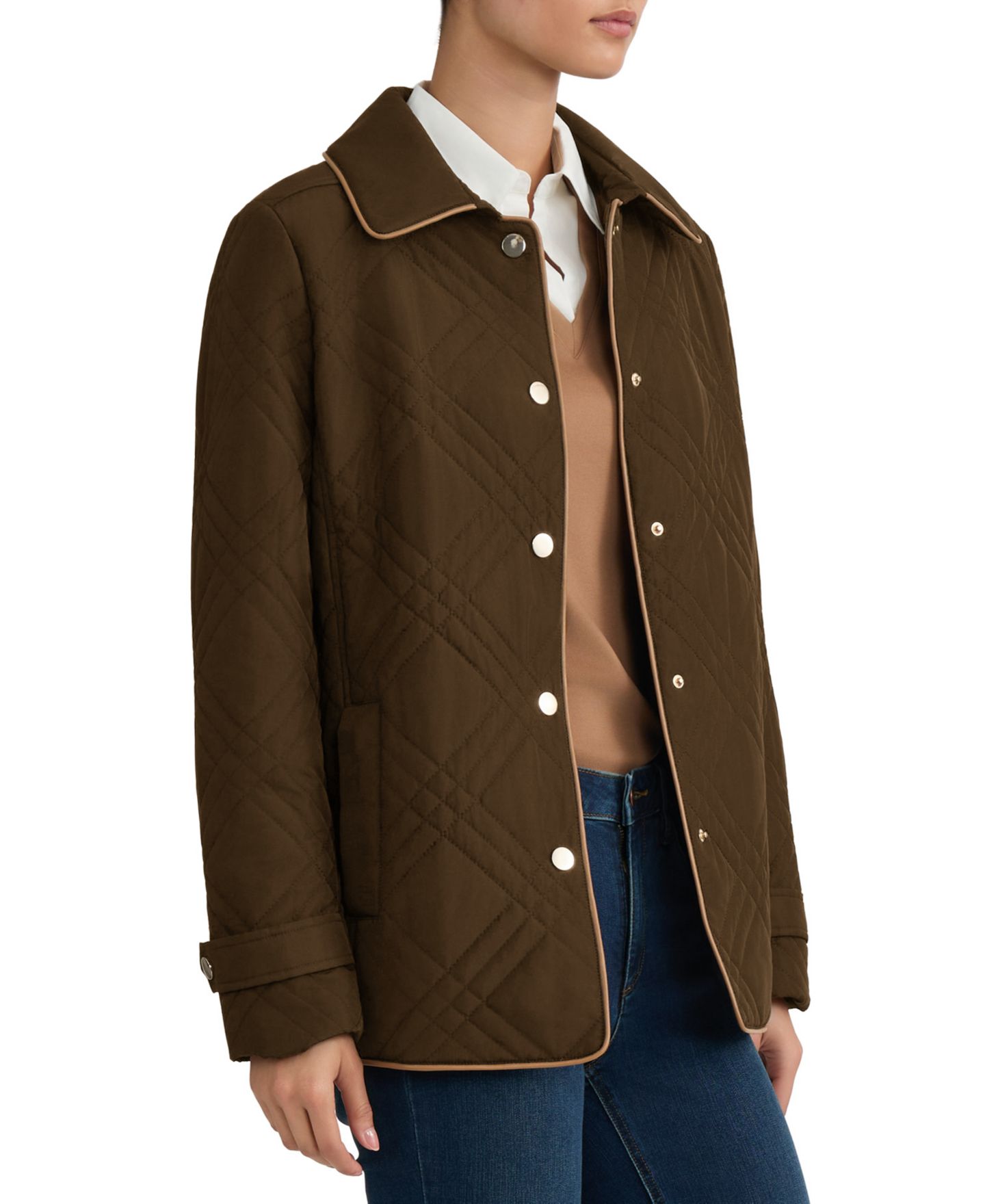 Женская куртка Jones New York Petite Quilted Faux Leather Trim, цвет: Кофейный — фото 3