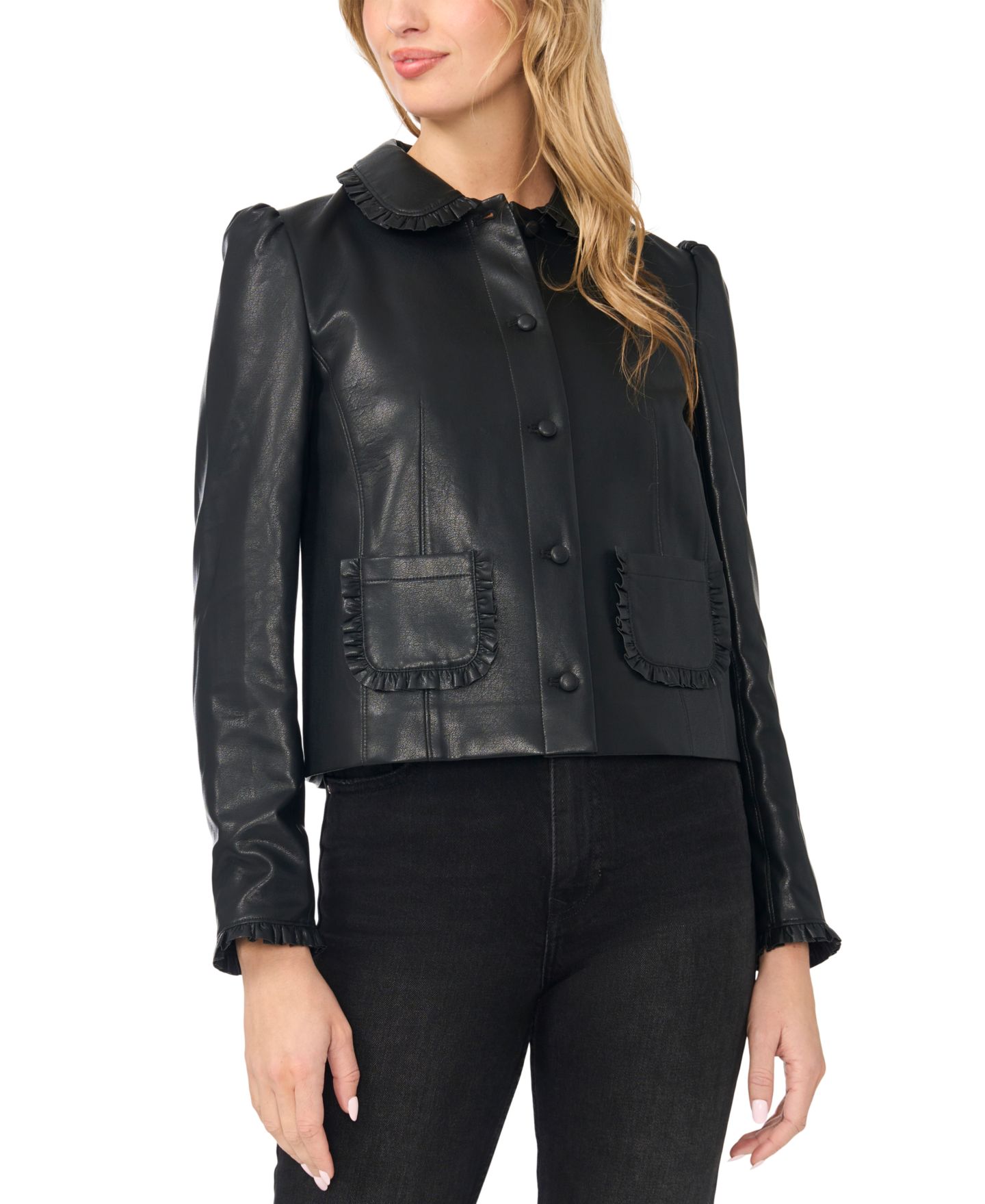 Женская куртка CeCe Ruffle-Trim Puff-Shoulder Faux Leather, цвет: Насыщенный чёрный — фото 3