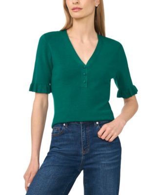 Women's V-Neck Elbow-Length Ruffle Sleeves Rayon Sweater