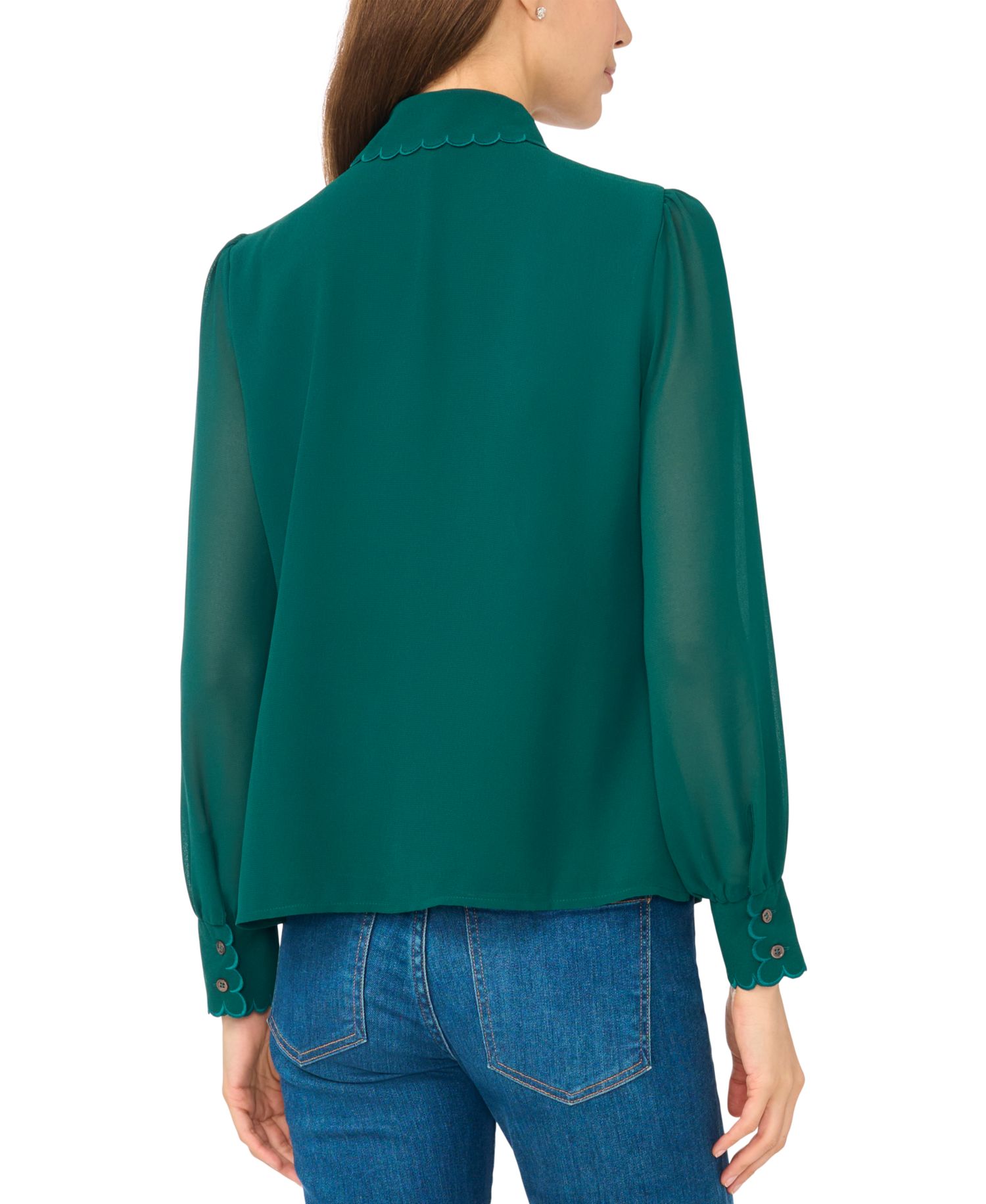 Women's Scallop-Trim Long-Sleeve Chiffon Blouse