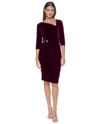 Women's Velvet Asymmetrical Neckline Midi Dress