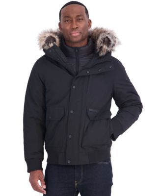 Men's Faux-Fur-Trim Quilted-Bib Hooded Bomber Jacket
