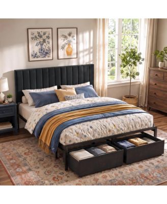 Bed Frame with Upholstered Headboard, Adjustable Headboard Iron Platform Bed, No Box Spring Needed, Heavy Duty Bed Frame