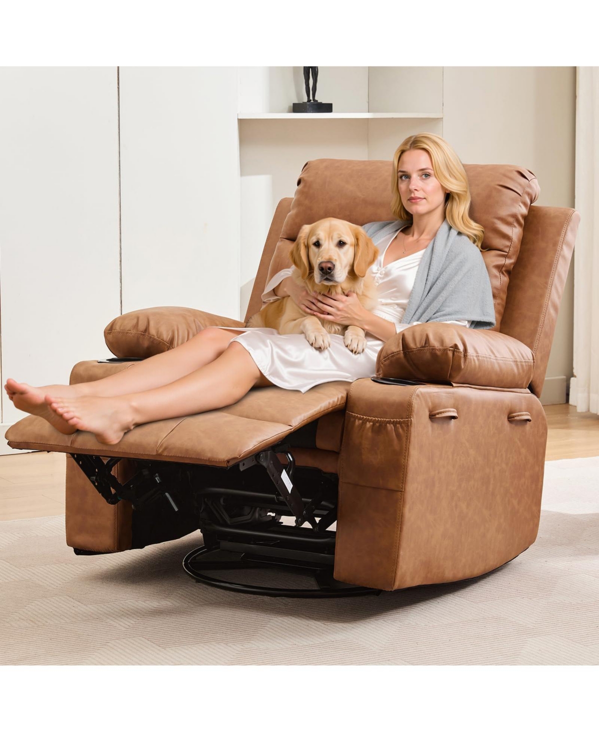 Oversized 360 Degree Swivel Glider Recliner Chair With Massage And Heating, Wide Seat Manual Lounge Armchair Cup Holder, For Living Room, Bedroom