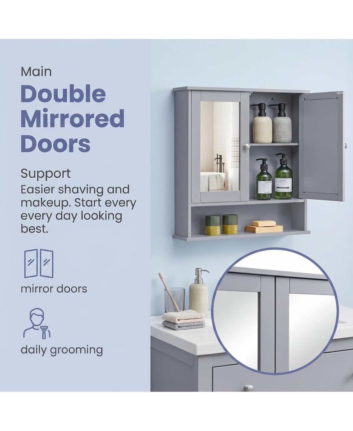 SongmicsHome Bathroom Cabinet with Mirror, Wall Cabinet with 2 Mirrored Doors, Adjustable Shelf, Open Compartment