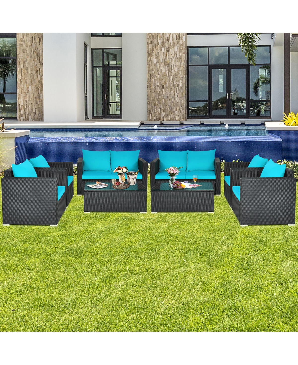 Costway 8Piece Patio Rattan Cushioned Sofa Chair Coffee Table Garden