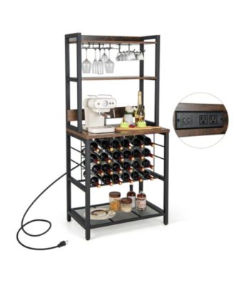 Wine Bar Cabinet Wine Rack with 4 Tier Storage Shelves and Glass Holders
