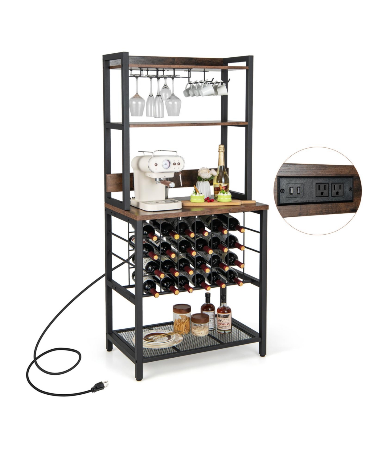 Mecale Wine Bar Cabinet Wine Rack with 4 Tier Storage Shelves and Glass Holders