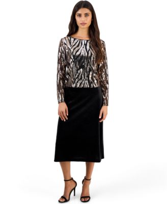 Petite Velvet Sequin Combo Boat Neck Long Sleeve Dress