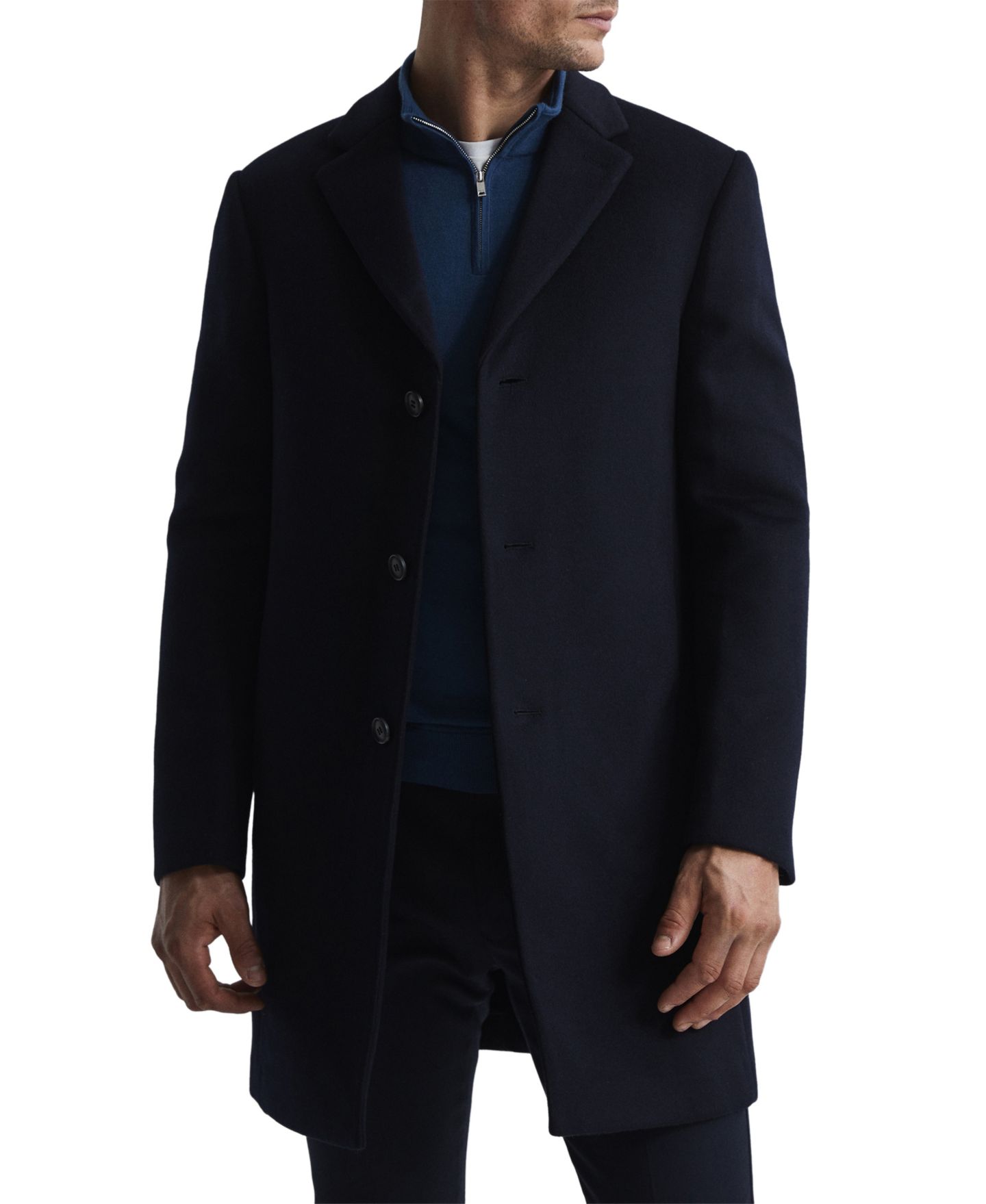 Мужское пальто REISS Gable Wool-Blend Single-Breasted Mid-Length Overcoat, цвет: Тёмно-синий — фото 1