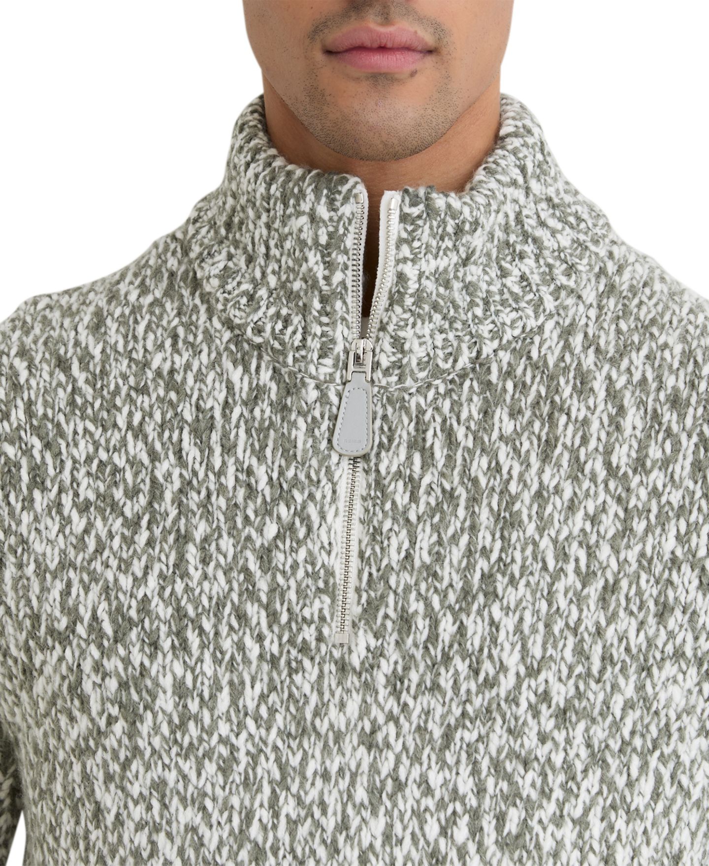Мужской свитер REISS Seb Marled Knit Relaxed Fit Half-Zip Funnel Neck Pullover, цвет: Шалфейный зелёный меланжевый — фото 3