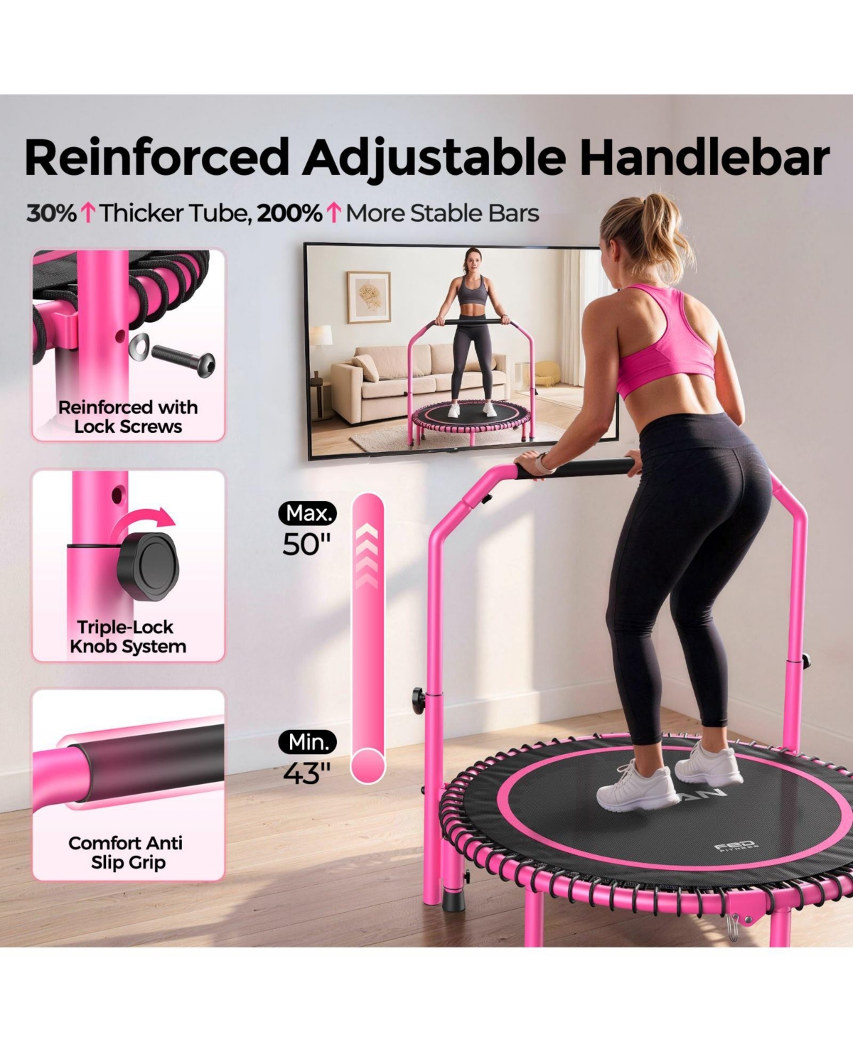 Bcan BT2 40 Inch Rebounder Trampoline for Adults, Handle Included, Indoor Use, 450 lbs Weight Capacity