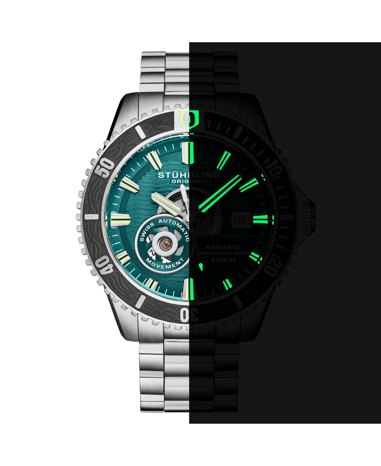 Мужские часы Stuhrling 1013 Automatic Watch Swiss Movement Turquoise Dial Gunmetal Bezel Stainless Steel Bracelet 200M Water Resistant Diver Date Window, цвет: Зелёный — фото 6