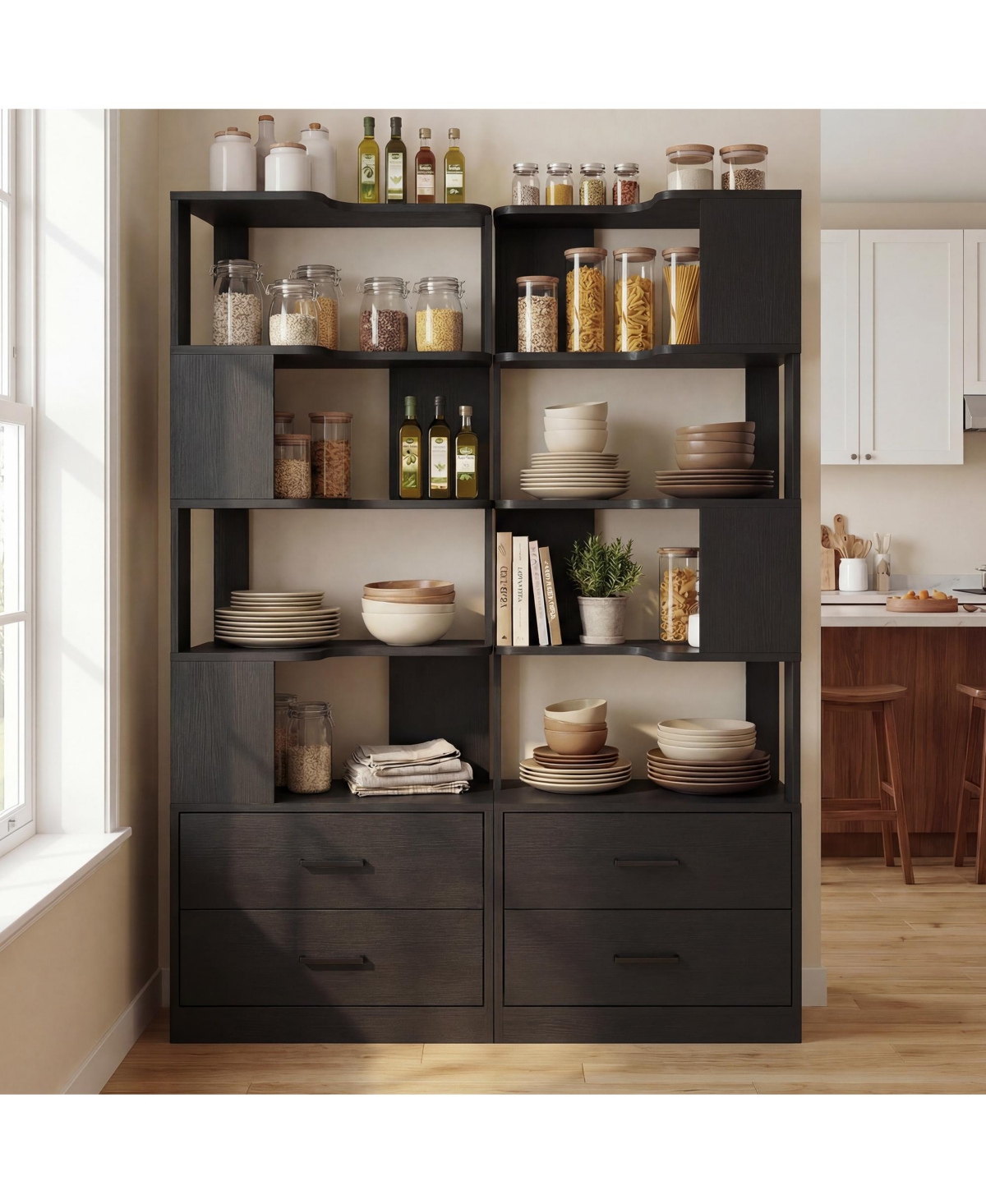 Aheaplus Small 6-Tier Corner Bookcase with 2-Drawers, BookShelf for Bedroom Storage