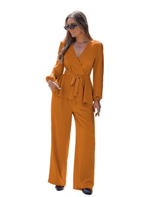 Women's Elegant V-Neck Top and Wide-Leg Pants Matching Set