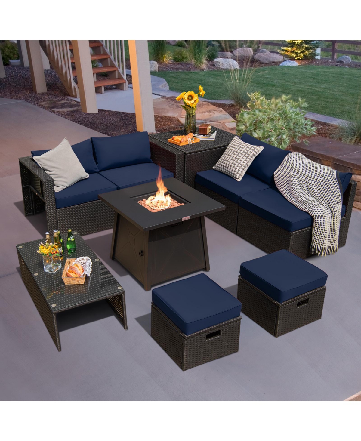 Sugift 9-Piece Rattan Patio Set with 30 in Propane Fire Pit and Dust Covers