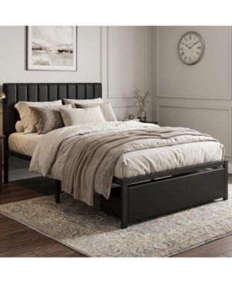 Modern Bed Frame, Heavy Duty Metal Platform Bed with Upholstered Headboard, Under-bed Storage Drawers, Slat Support