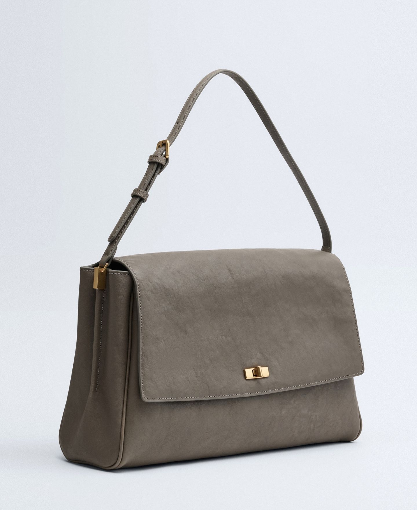 Женская сумка MANGO Selection Medium Leather Flap Shoulder, цвет: Серый — фото 3