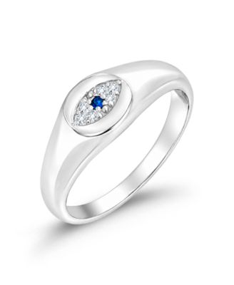 Cubic Zirconia and Created Blue Stone Silver-Tone Signet Pinky Ring