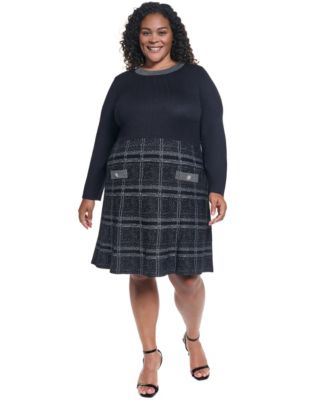 Plus Size Plaid Fit and Flare Long-Sleeve Dress