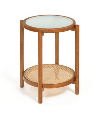Boho Round Tempered-Glass Rattan-Shelf Accent Table