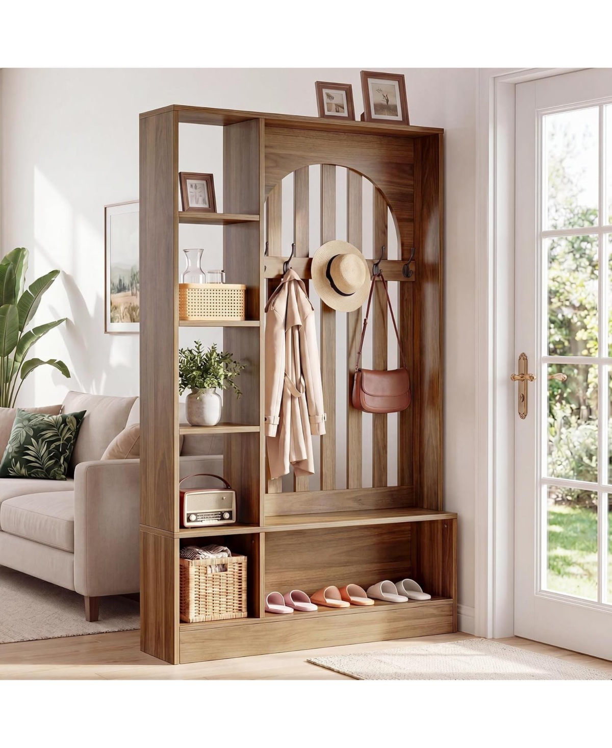 Tribesigns Room Divider with Storage Shelves and Bench 70.9" Freestanding Wall Divider Partition with Coat Rack