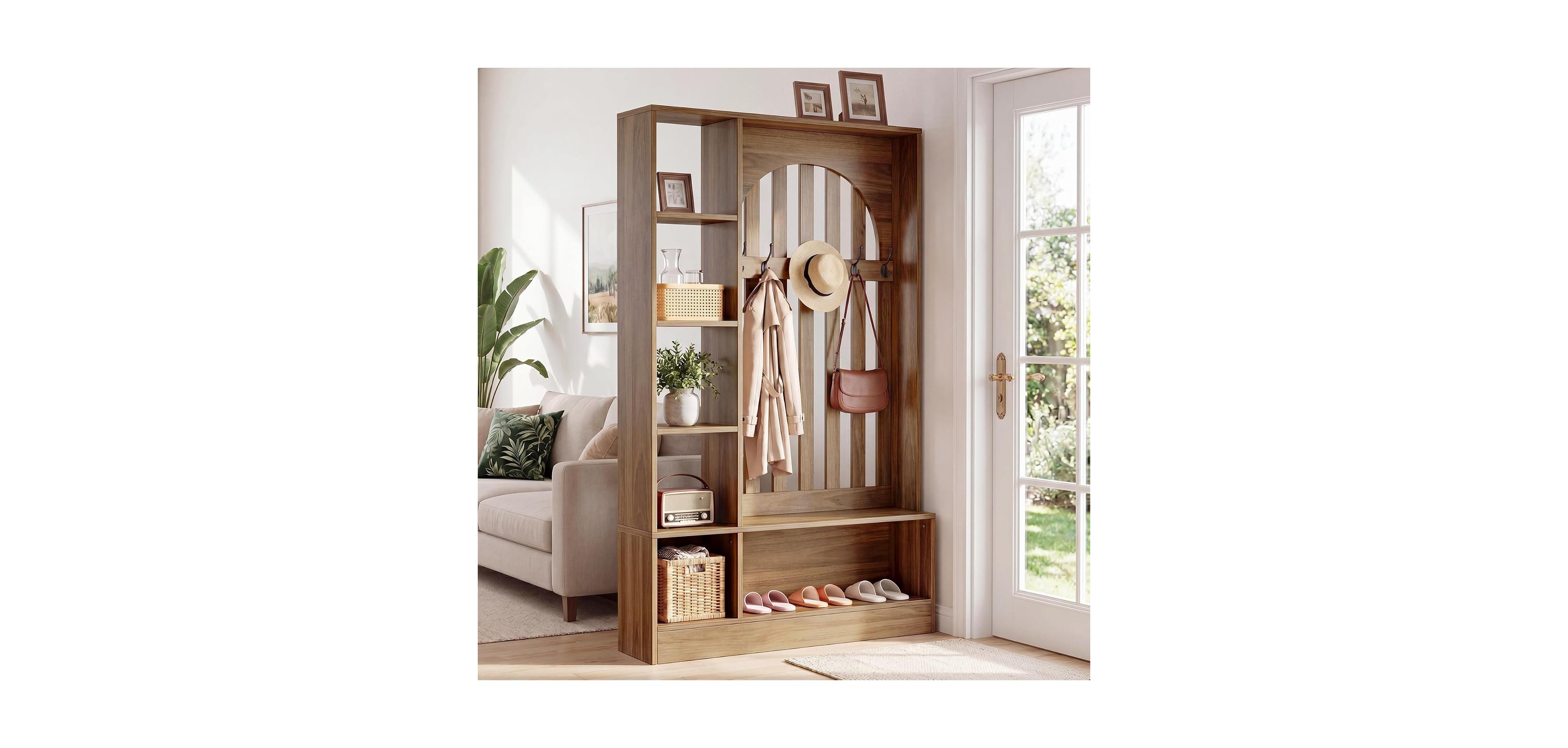 Tribesigns Room Divider with Storage Shelves and Bench 70.9" Freestanding Wall Divider Partition with Coat Rack