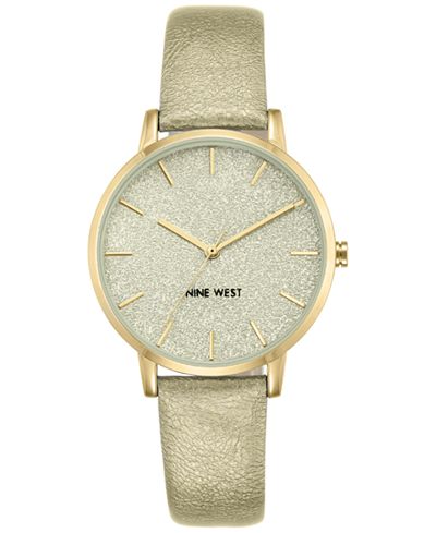 Nine West Women's Glitter Gold-Tone Imitation Leather Strap Watch 36mm NW-1958CHGD