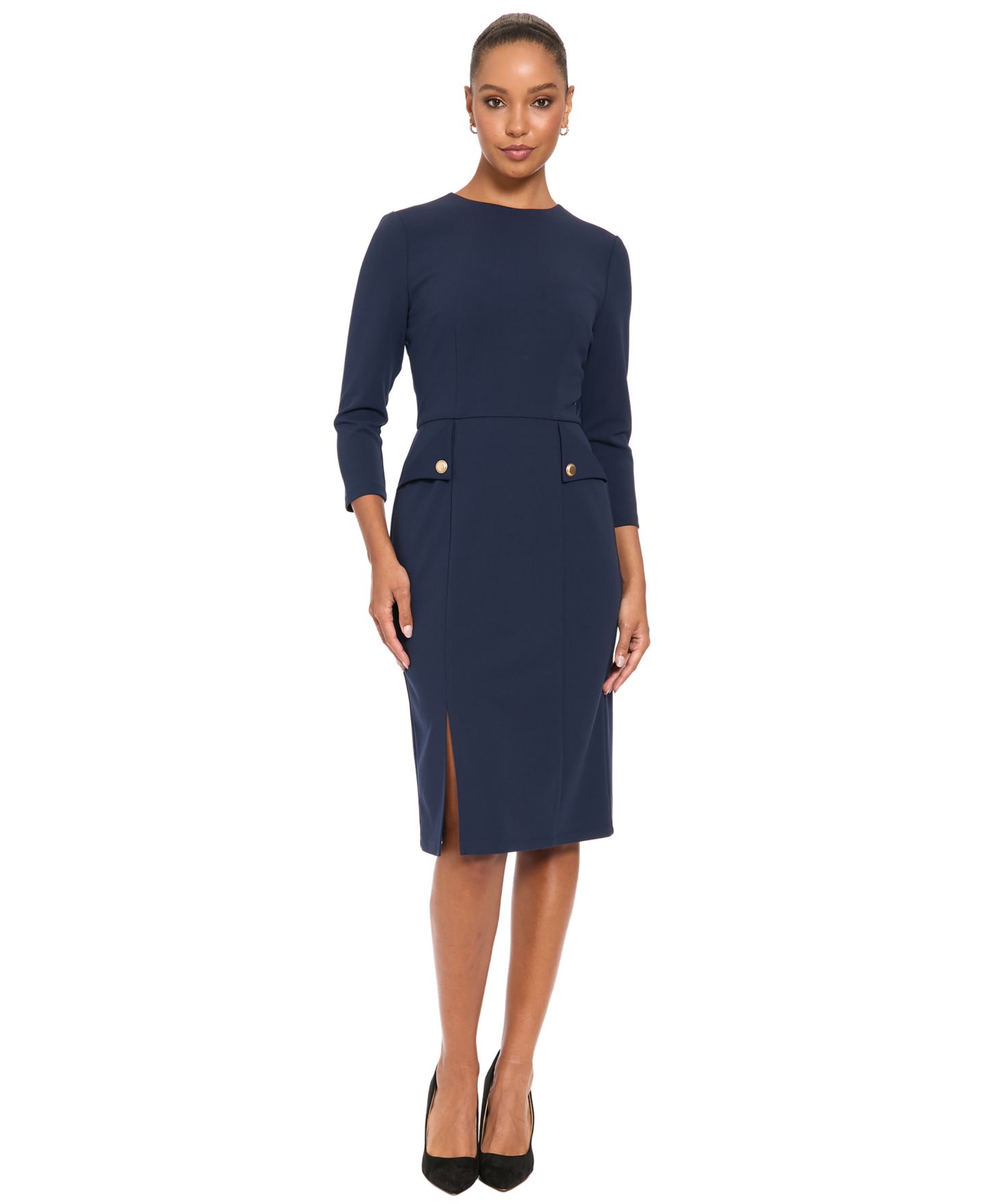 Женское платье London Times Pocket Midi 3/4-Sleeve, цвет: Тёмно-синий — фото 1