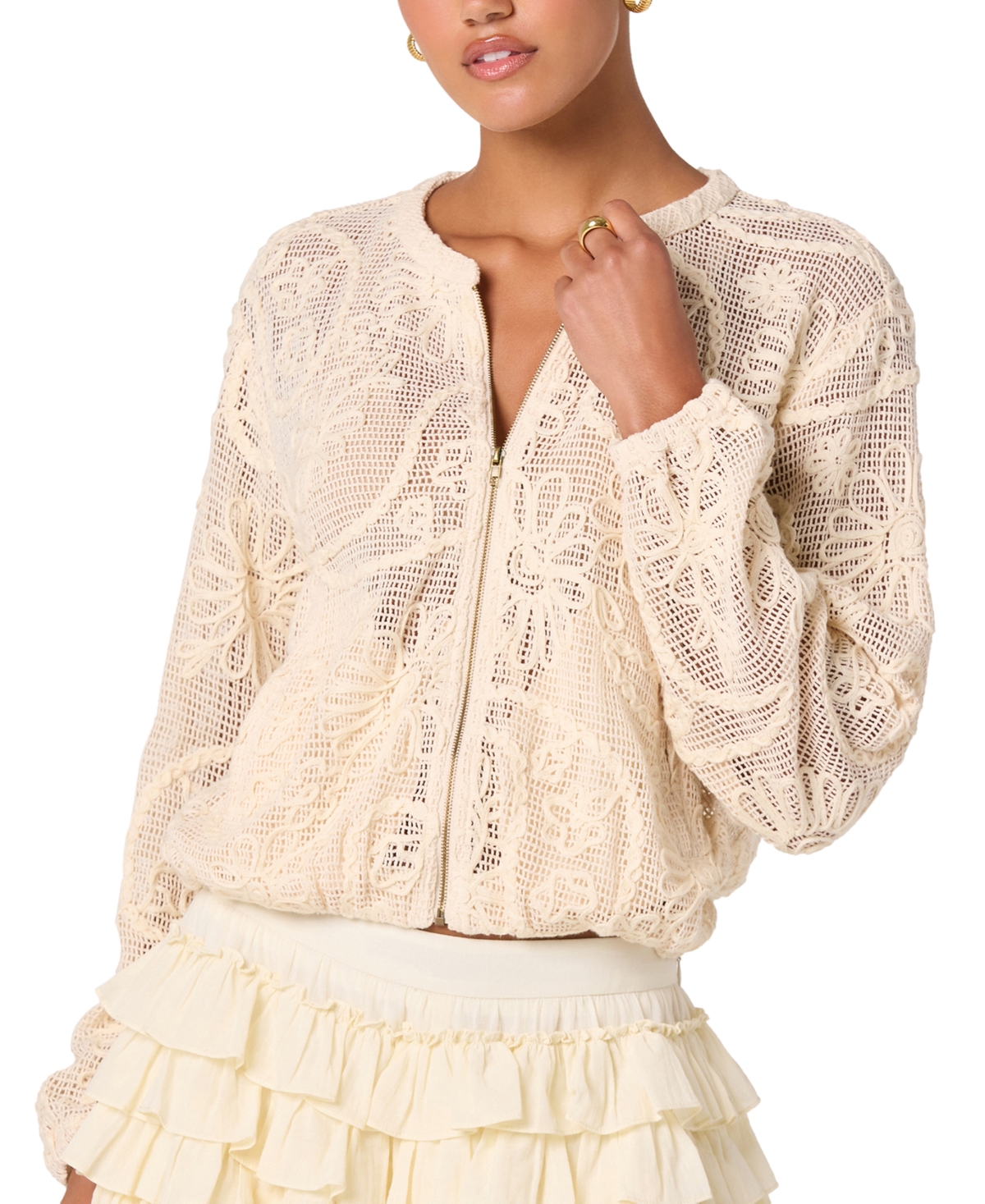 Astr the Label Women's Aeva Round Neck Long-Sleeve Crochet Bomber Jacket - Natural