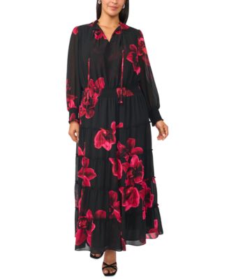 Plus Size Floral Long-Sleeve Smocked-Waist Maxi Dress