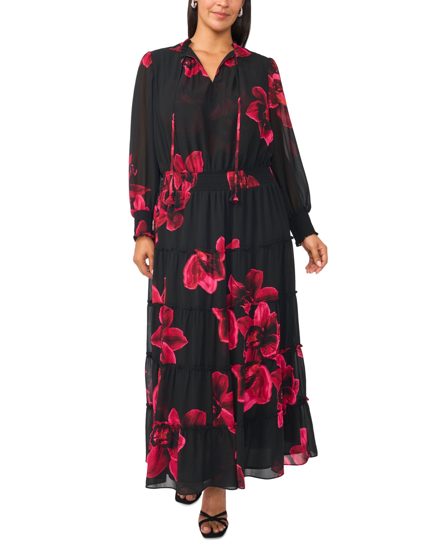 Женское платье MSK Plus Size Floral Long-Sleeve Smocked-Waist Maxi, цвет: Cordovan — фото 1