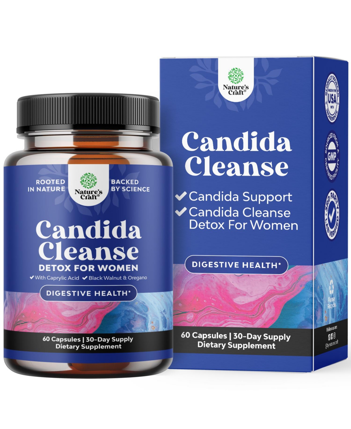 Nature's Craft Candida Herbal Supplement with Caprylic Acid, Black Walnut, Wormwood and Oregano - Prebiotic and Probiotic Blend