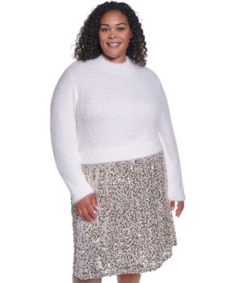 Plus Size Sequin Mock-Neck Long-Sleeve Sweater Dress