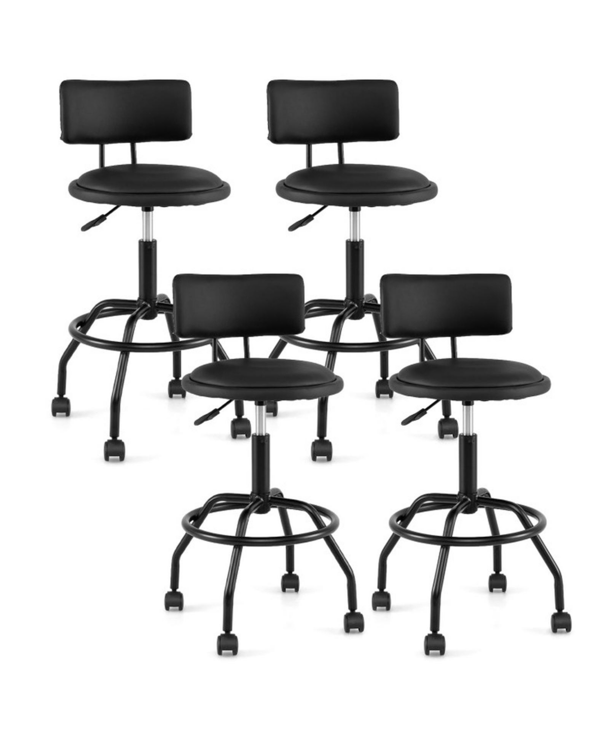 Gouun Set of 4 Height-Adjustable Swivel Bar Stools with Rolling Wheels - Black finish