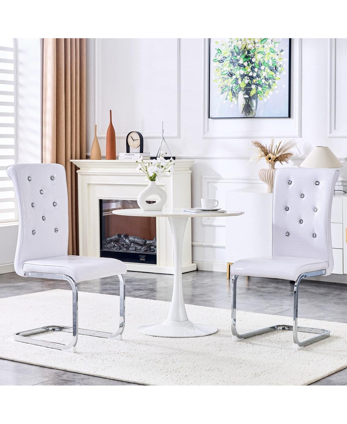 Maison Boucle Faux Alligator Leather Dining Chairs Set of 2, Crystal Button Tufted Side Chairs, Electroplated Metal Sled Legs - White