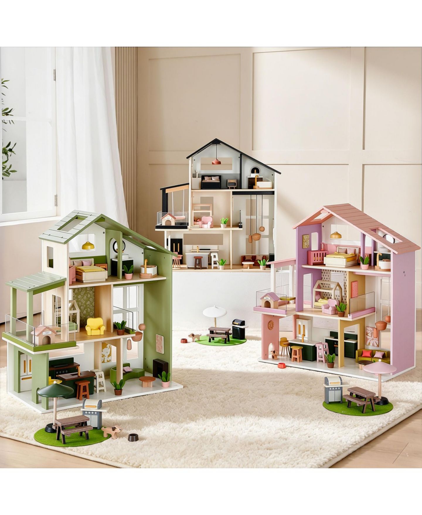 Деревянный 3-этажный кукольный дом Tiny Land Sweetwood Edge, Монтессори, 49 предметов, цвет: Зелёный — фото 11