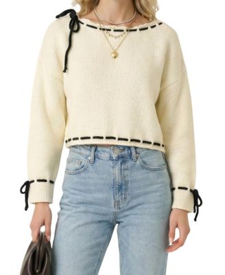 Women's Contrast Tie Scalloped Boatneck Knit Sweater