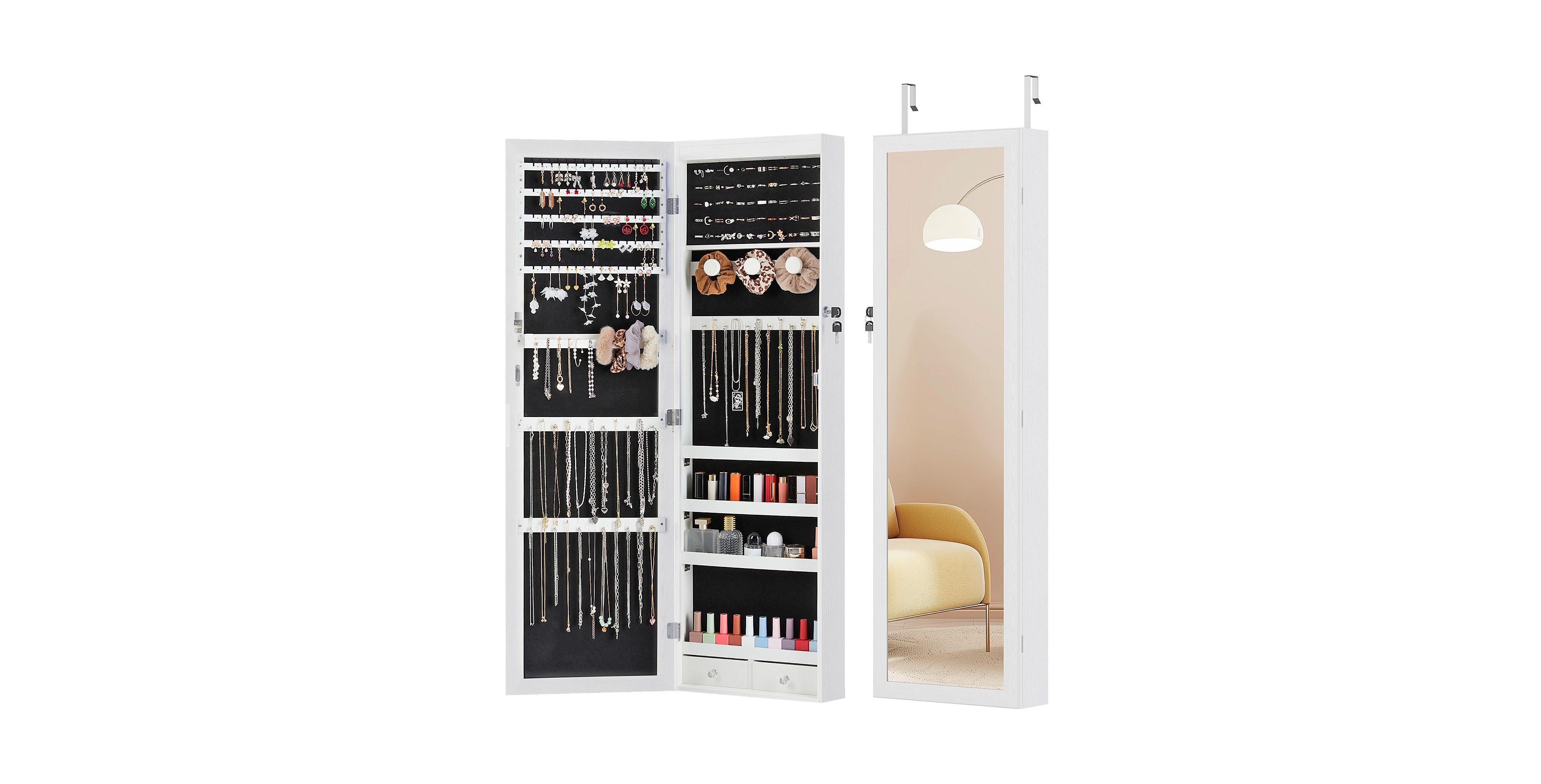 Phying 47.2 Inch Full Length Mirror Jewelry Armoire Wall Mount Door Hanging with 6 Led Lights Large Capacity Makeup Mirror Organizer