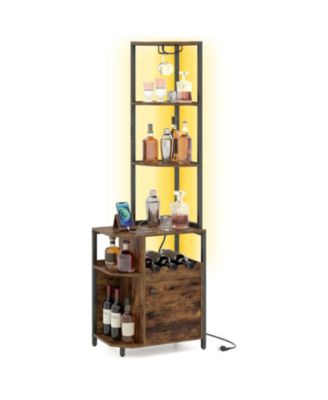 6-Tier Corner Bar Cabinet with LED Lights and Charging Station for Kitchen