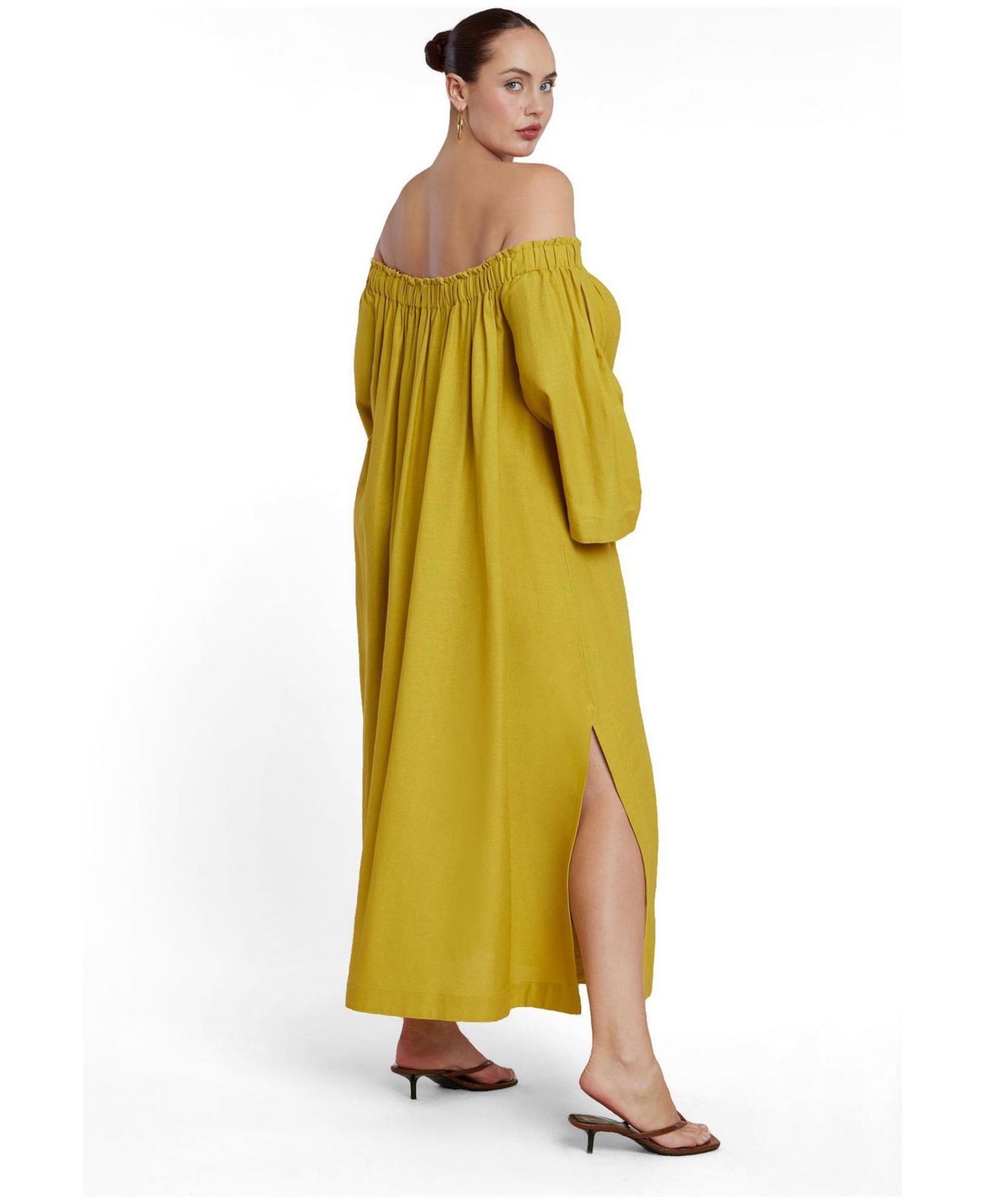 Женское платье ELOQUII Plus Size Easy Off-the-Shoulder Linen-Blend Maxi, цвет: Шартрез — фото 3
