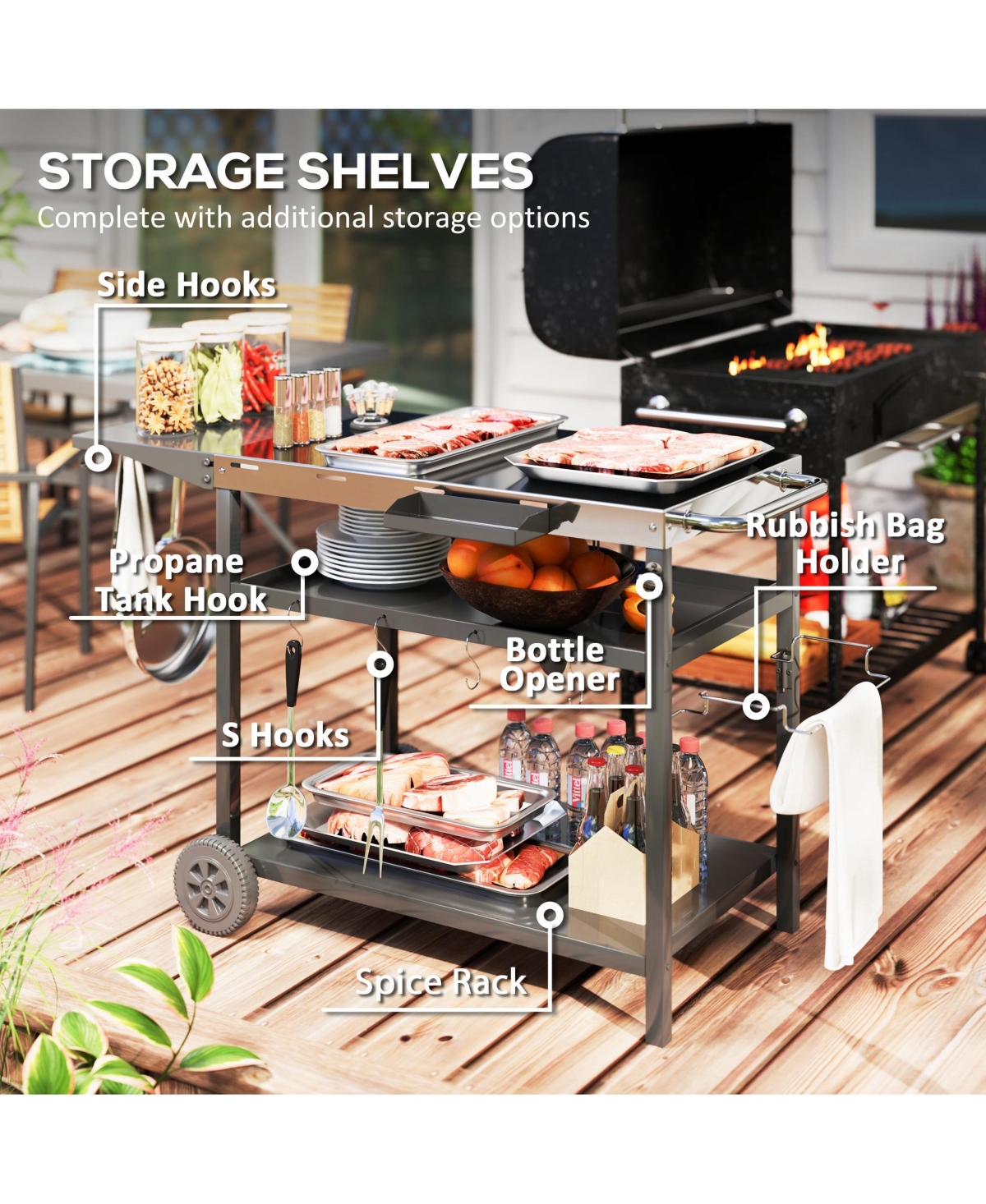 Outsunny Outdoor Bar Cart Grill Table with Wheels, Prep Table with Storage