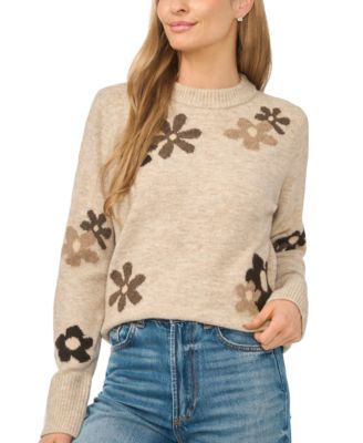 Women's Crewneck Flower Patterned Knit Long-Sleeve Sweater